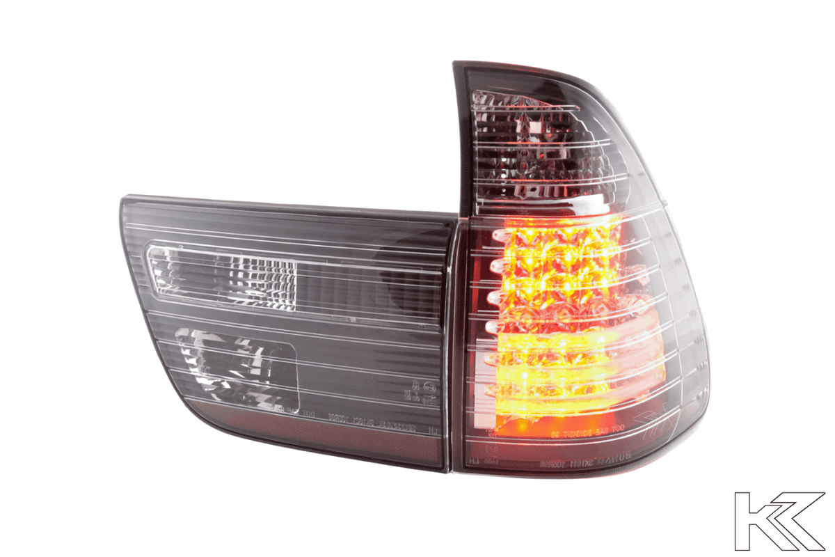 BMW X5 E53 black and clear LED tail lights by K2 Industries, for models from 1998 to 2002, showing close-up of the tail light assembly.