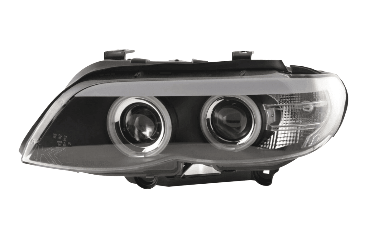 BMW X5 E53 headlights with black angel eyes and LED accents, designed for 2003-2006 models by K2 Industries.