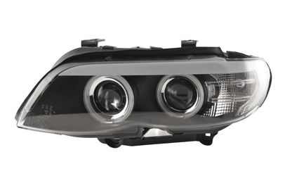 BMW X5 E53 headlights with black angel eyes and LED accents, designed for 2003-2006 models by K2 Industries.