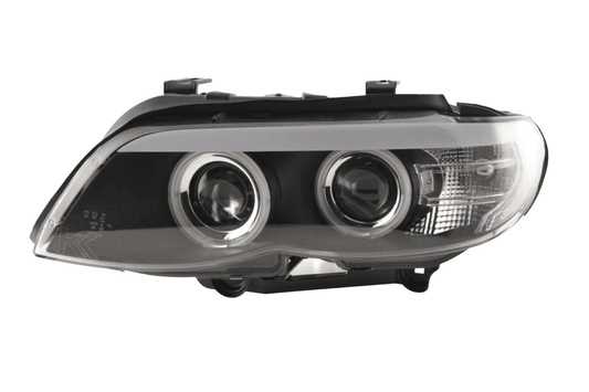 BMW X5 E53 headlights with black angel eyes and LED accents, designed for 2003-2006 models by K2 Industries.