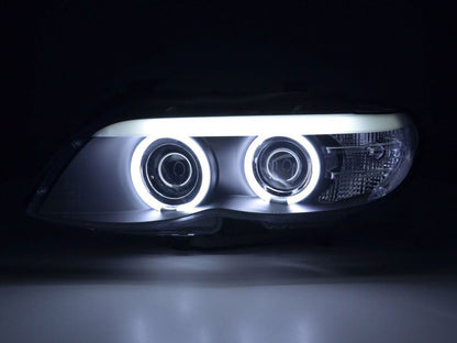 BMW X5 E53 headlights with CCFL black angel eyes and LED accents, compatible with 2003-2006 models by K2 Industries
