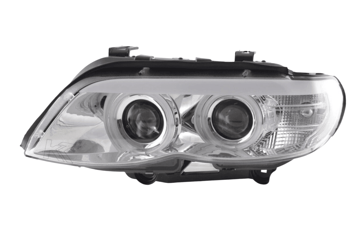 BMW X5 E53 CCFL Chrome Angel Eyes LED Headlights by K2 Industries, showing the sleek chrome finish and LED angel eye rings.