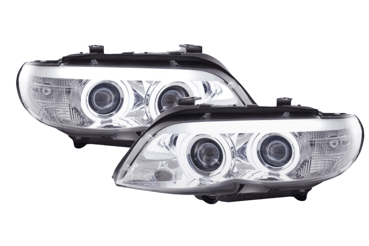 BMW X5 E53 CCFL Chrome Angel Eyes LED Headlights by K2 Industries, showing sleek chrome finish and bright LED angel eye rings.