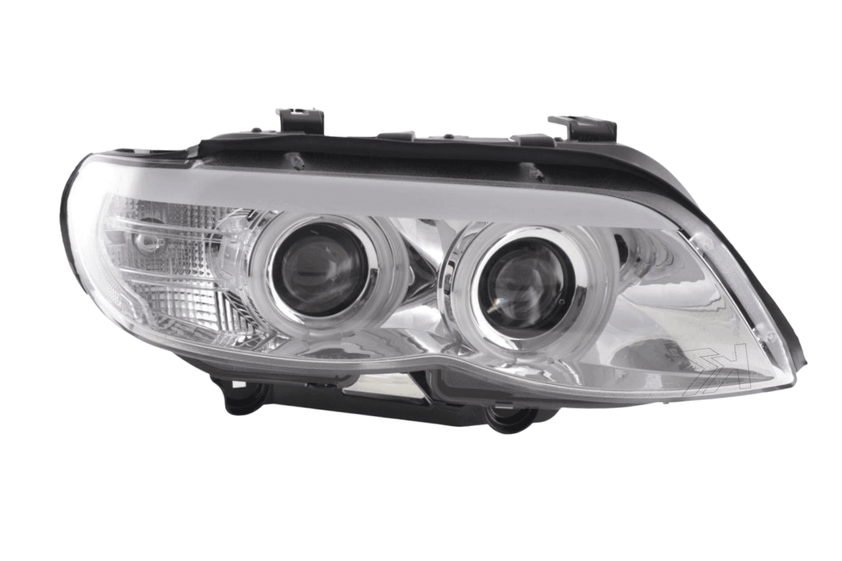 BMW X5 E53 headlights with CCFL chrome angel eyes and LED accents, compatible with 2003-2006 models by K2 Industries.