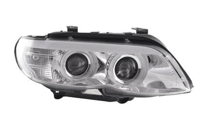 BMW X5 E53 headlights with CCFL chrome angel eyes and LED accents, compatible with 2003-2006 models by K2 Industries.