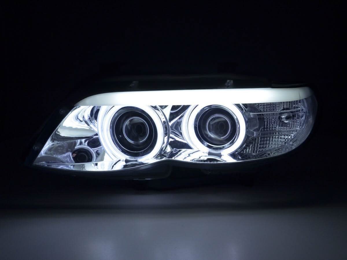 BMW X5 E53 LED Headlights with CCFL Chrome Angel Eyes by K2 Industries, showcasing sleek design for 2003-2006 models.