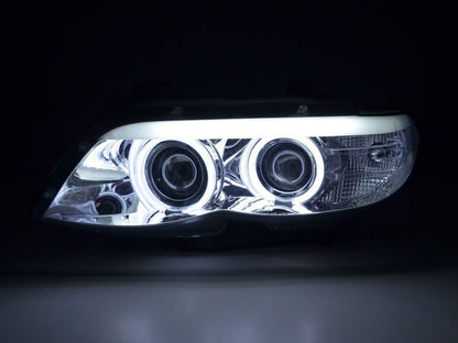 BMW X5 E53 LED Headlights with CCFL Chrome Angel Eyes by K2 Industries, showcasing sleek design for 2003-2006 models.