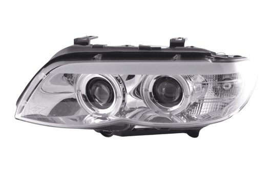 BMW X5 E53 chrome angel eye LED headlights by K2 Industries, showing sleek headlight assembly with bright LED rings for 2003-2006 models.