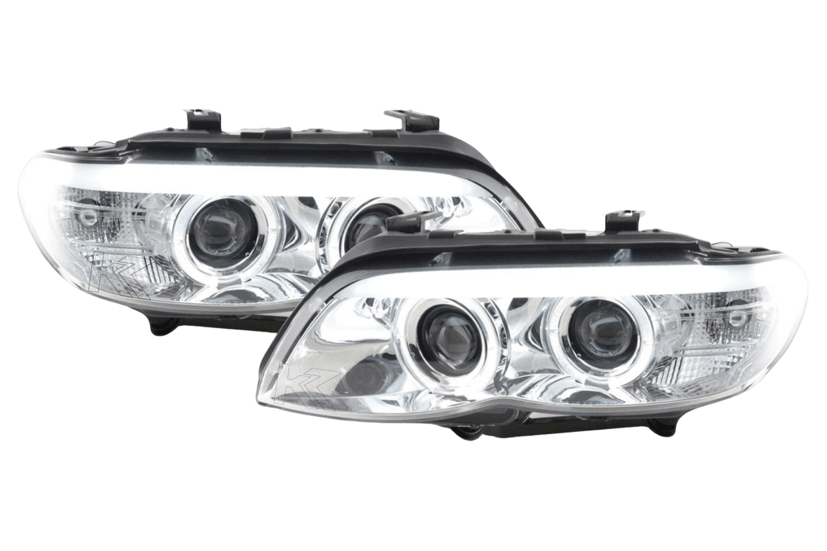 BMW X5 E53 chrome angel eye LED headlights by K2 Industries, showing close-up of sleek chrome finish and LED ring design.