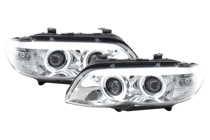 BMW X5 E53 chrome angel eye LED headlights by K2 Industries, showing close-up of sleek chrome finish and LED ring design.