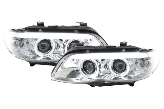 BMW X5 E53 chrome angel eye LED headlights by K2 Industries, showing close-up of sleek chrome finish and LED ring design.