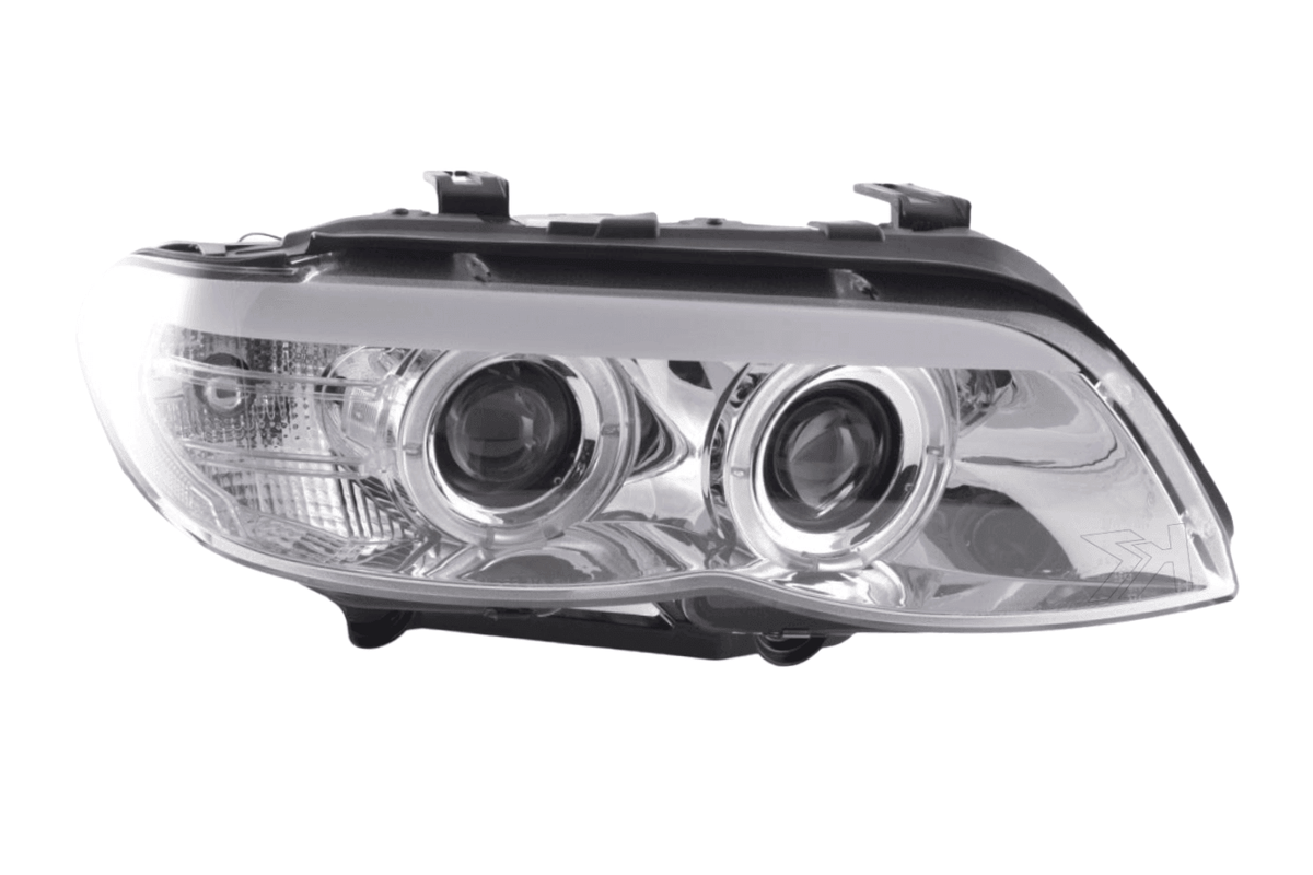BMW X5 E53 chrome angel eye LED headlights by K2 Industries, showing close-up of sleek, chrome-finished headlight design with LED rings.
