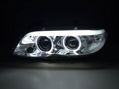 BMW X5 E53 chrome angel eye LED headlights by K2 Industries, showing sleek chrome finish and bright LED angel eye rings.