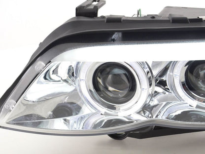 BMW X5 E53 chrome angel eye LED headlights by K2 Industries, showing sleek chrome finish and bright LED angel eyes for 2003-2006 models.