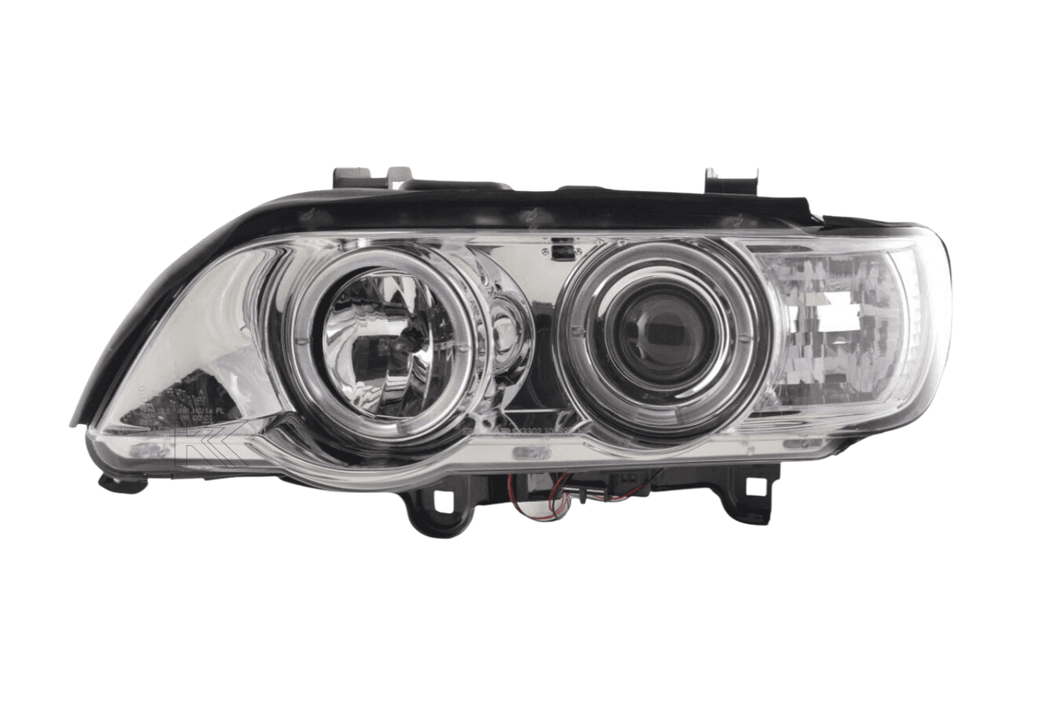 BMW X5 E53 chrome angel eyes LED headlight set by K2 Industries, featuring bright LED rings for 1998-2002 model year.