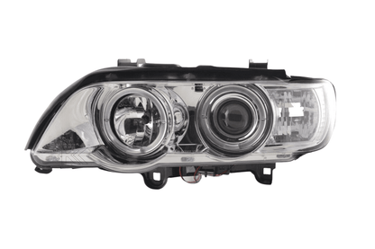 BMW X5 E53 chrome angel eyes LED headlight set by K2 Industries, featuring bright LED rings for 1998-2002 model year.