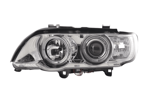 BMW X5 E53 chrome angel eyes LED headlight set by K2 Industries, featuring bright LED rings for 1998-2002 model year.