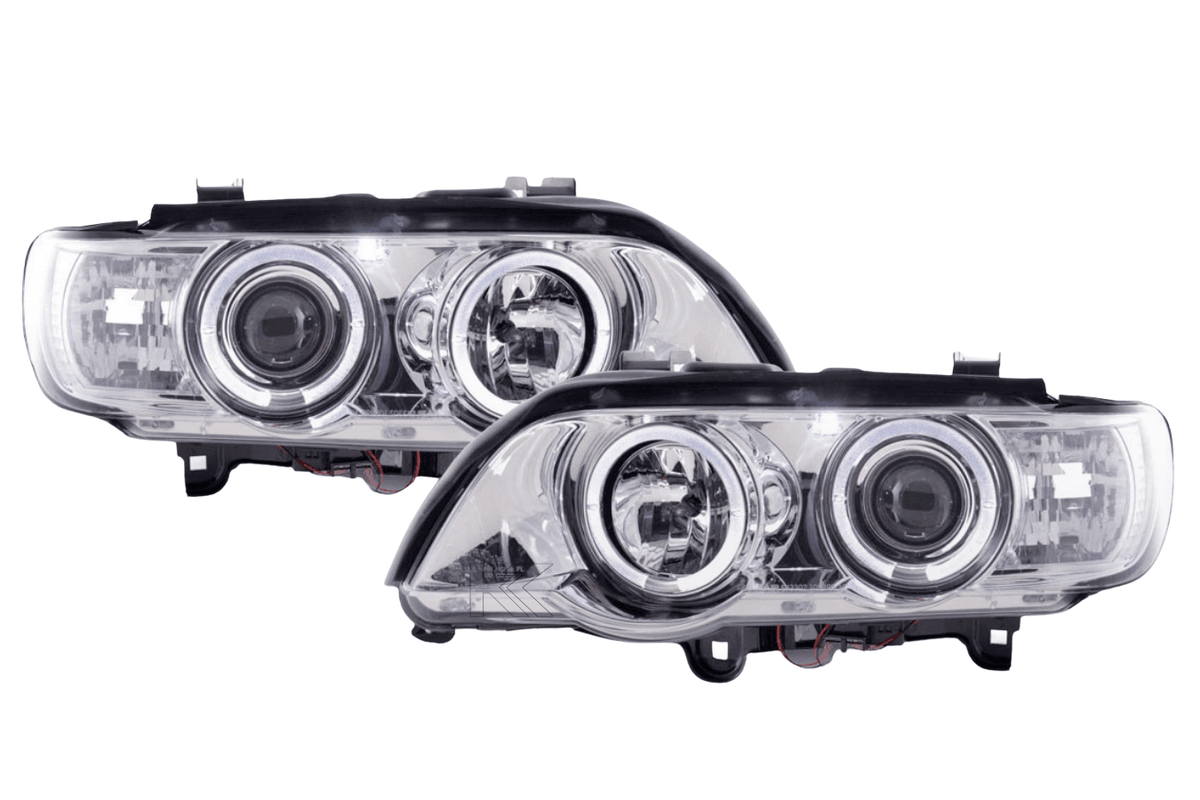 BMW X5 E53 chrome angel eyes LED headlight set by K2 Industries for 1998-2002 model, showing the sleek chrome finish and LED accents.