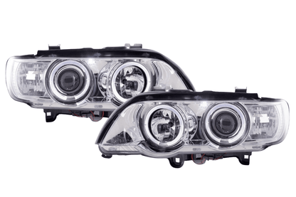 BMW X5 E53 chrome angel eyes LED headlight set by K2 Industries for 1998-2002 model, showing the sleek chrome finish and LED accents.