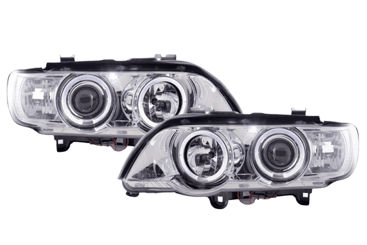 BMW X5 E53 chrome angel eyes LED headlight set by K2 Industries for 1998-2002 model, showing the sleek chrome finish and LED accents.