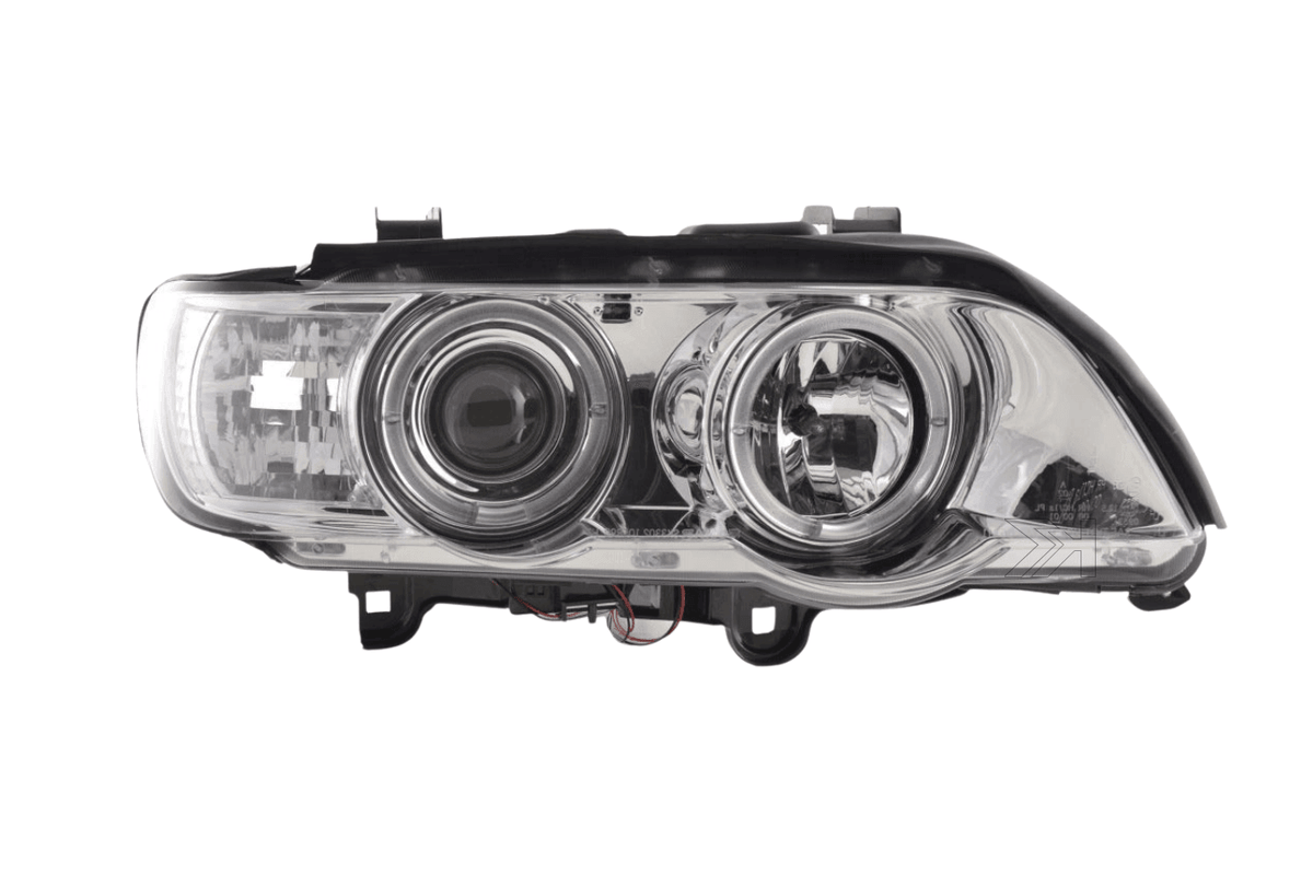 BMW X5 E53 chrome angel eyes LED headlights set by K2 Industries, showing the sleek chrome finish and bright LED angel eye rings.