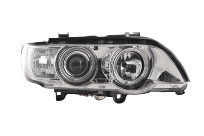 BMW X5 E53 chrome angel eyes LED headlights set by K2 Industries, showing the sleek chrome finish and bright LED angel eye rings.