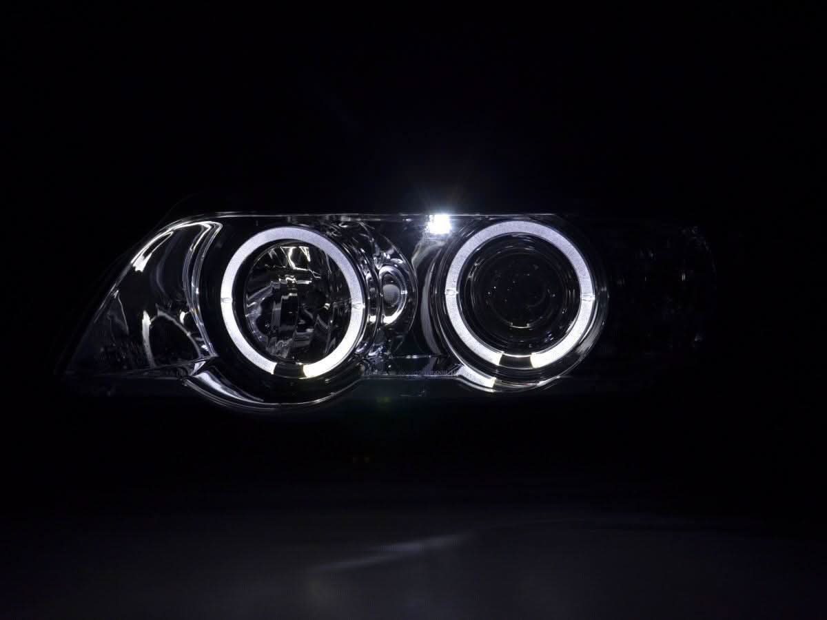 BMW X5 E53 chrome angel eyes LED headlights set by K2 Industries, showing sleek chrome finish and LED light details for 1998-2002 models.