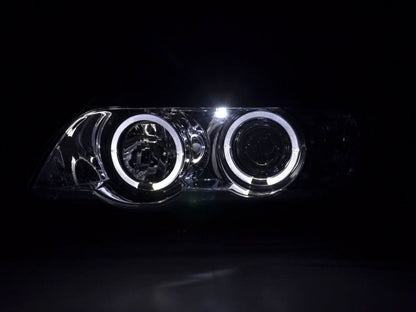 BMW X5 E53 chrome angel eyes LED headlights set by K2 Industries, showing sleek chrome finish and LED light details for 1998-2002 models.