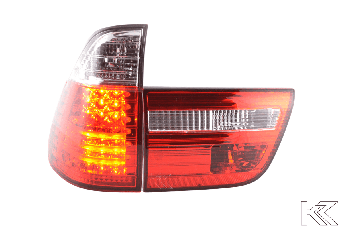 BMW X5 E53 red LED taillights set from K2 Industries, compatible with 1998-2002 models, featuring bright LED tail light design.