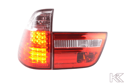 BMW X5 E53 red LED tail lights set by K2 Industries, showing the vibrant red LED design for 1998-2002 models.