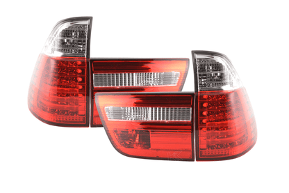 BMW X5 E53 red LED tail lights set by K2 Industries, front view showing bright LED tail light assemblies for 1998-2002 models