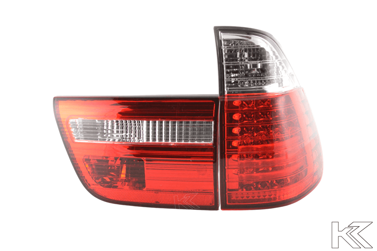 BMW X5 E53 red LED tail lights set by K2 Industries, rear view showing the bright red LED design for 1998-2002 models.
