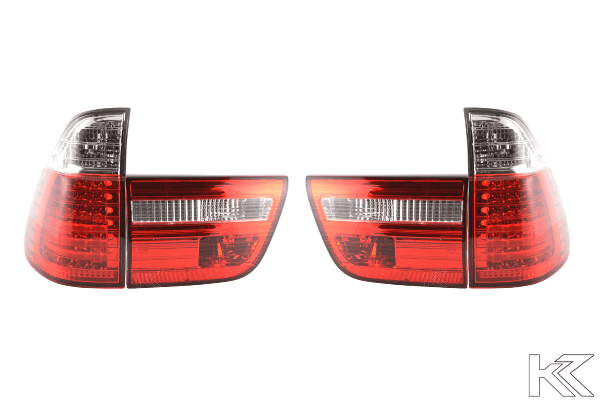BMW X5 E53 red LED tail lights set by K2 Industries, showing the sleek red lens design for model years 1998-2002.