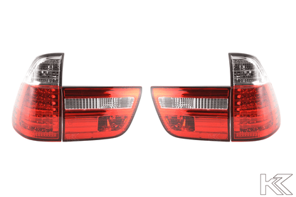 BMW X5 E53 red LED tail lights set by K2 Industries, showing the sleek red lens design for model years 1998-2002.