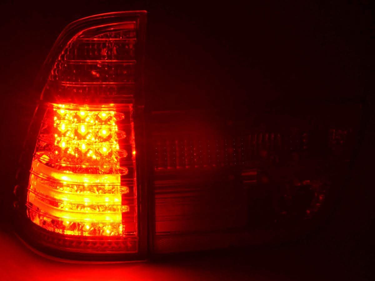 BMW X5 E53 red LED tail lights set by K2 Industries, for 1998-2002 models, featuring bright red LED rear lighting.