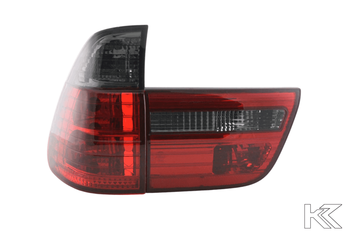 BMW X5 E53 tail lights set in red and smoked for 1998-2003, by K2 Industries, featuring sleek automotive tail light design.