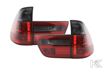BMW X5 E53 tail lights set with red smoked lenses, compatible with 1998-2003 models, by K2 Industries.