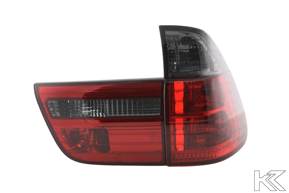 BMW X5 E53 red smoked tail lights set by K2 Industries, rear lighting assembly for 1998-2003 models, with red and smoked lens design.