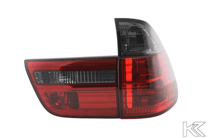 BMW X5 E53 red smoked tail lights set by K2 Industries, rear lighting assembly for 1998-2003 models, with red and smoked lens design.