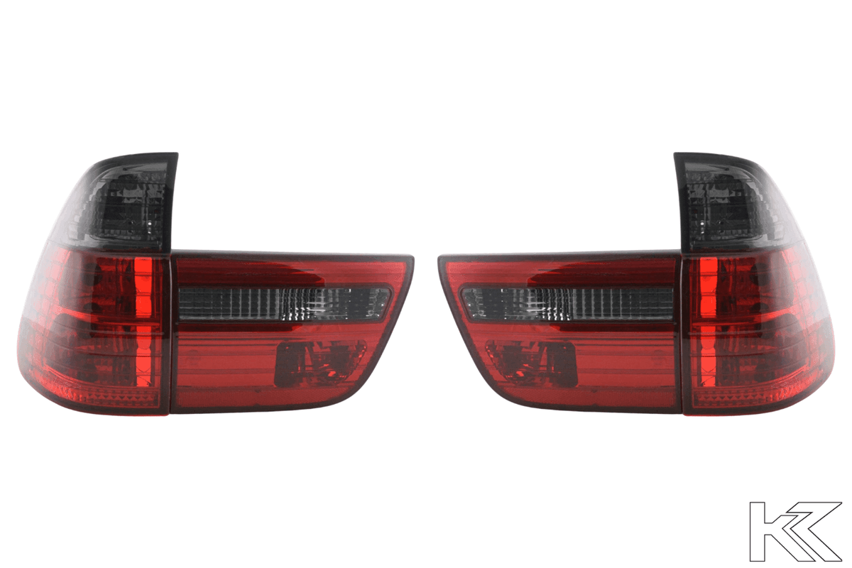 BMW X5 E53 tail lights set with red smoked lenses from K2 Industries, designed for 1998-2003 model year SUVs.