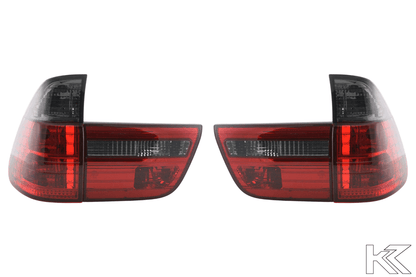 BMW X5 E53 tail lights set with red smoked lenses from K2 Industries, designed for 1998-2003 model year SUVs.