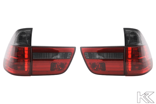 BMW X5 E53 tail lights set with red smoked lenses from K2 Industries, designed for 1998-2003 model year SUVs.