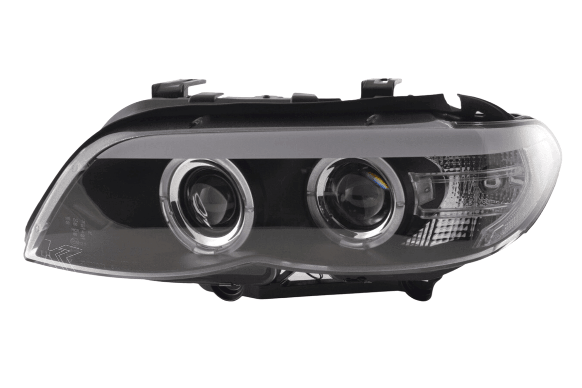 BMW X5 E53 headlights with black angel eye LED accents by K2 Industries, featuring xenon lighting for 2003-2006 models.