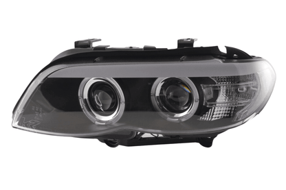 BMW X5 E53 headlights with black angel eye LED accents by K2 Industries, featuring xenon lighting for 2003-2006 models.
