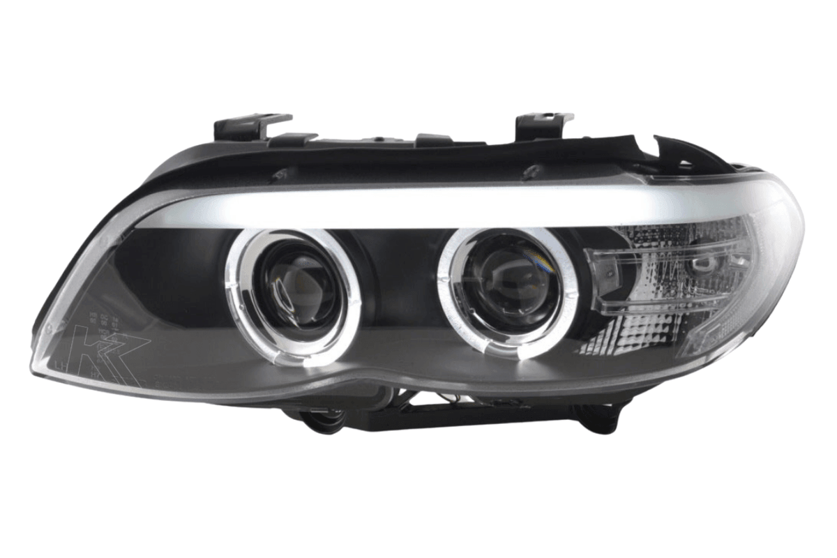 BMW X5 E53 2003-2006 black xenon angel eye LED headlights by K2 Industries, showing sleek headlight assembly with LED rings.