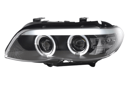 BMW X5 E53 2003-2006 black xenon angel eye LED headlights by K2 Industries, showing sleek headlight assembly with LED rings.