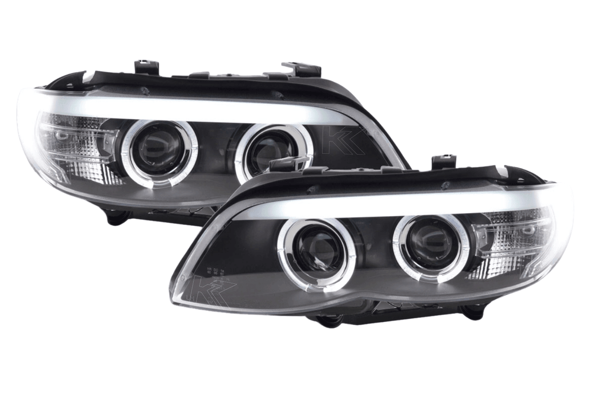 BMW X5 E53 Xenon Black Angel Eye LED headlights by K2 Industries, showcasing sleek black design with illuminated angel eyes.
