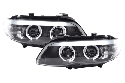 BMW X5 E53 Xenon Black Angel Eye LED headlights by K2 Industries, showcasing sleek black design with illuminated angel eyes.