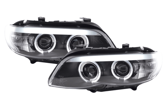 BMW X5 E53 Xenon Black Angel Eye LED headlights by K2 Industries, showcasing sleek black design with illuminated angel eyes.