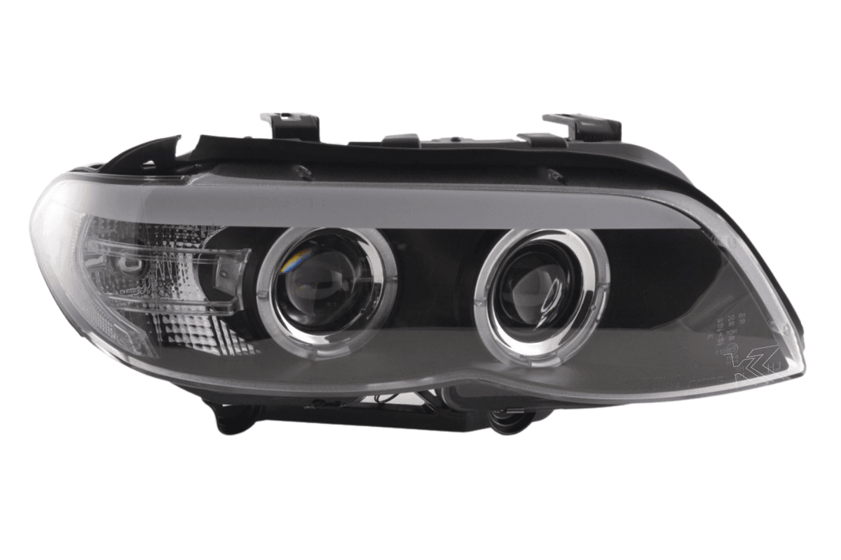 BMW X5 E53 headlights with black angel eye LED accents by K2 Industries, featuring xenon bulbs for 2003-2006 models.